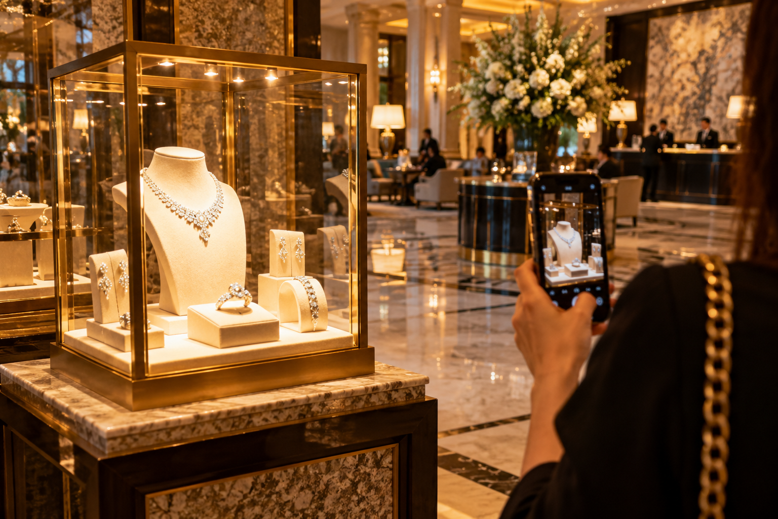 Luxury hotel lobby and a beautiful jewellery display