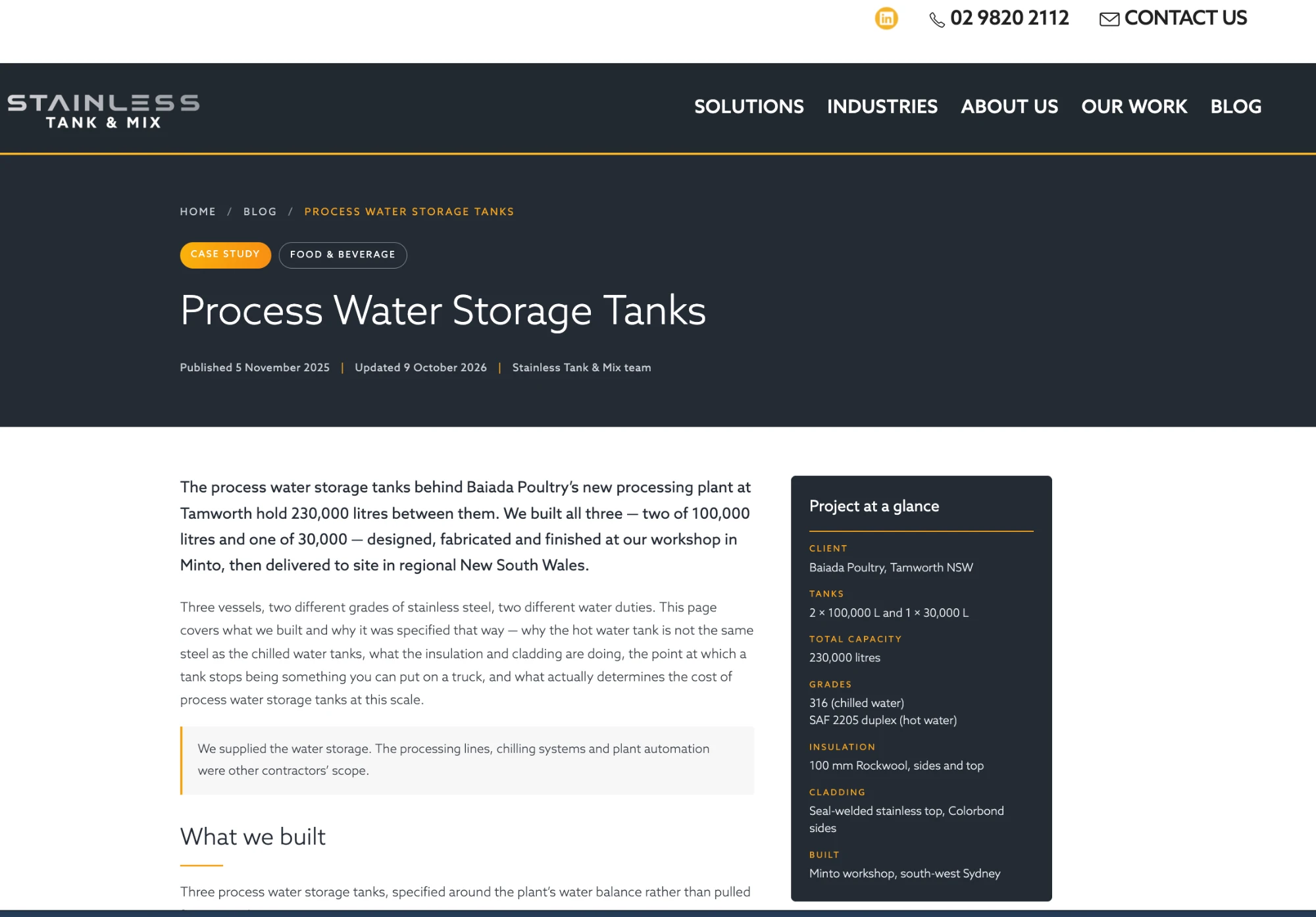 Screenshot of the Stainless Tank & Mix website